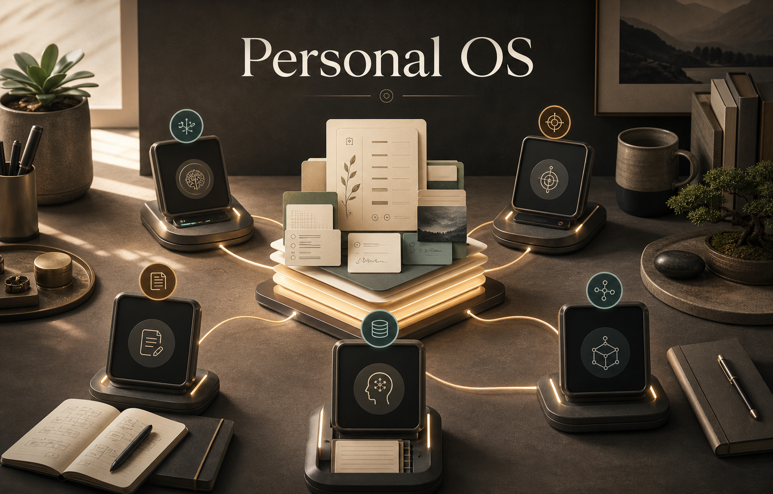 Editorial cover image for Personal OS showing a shared knowledge hub coordinating multiple AI agents