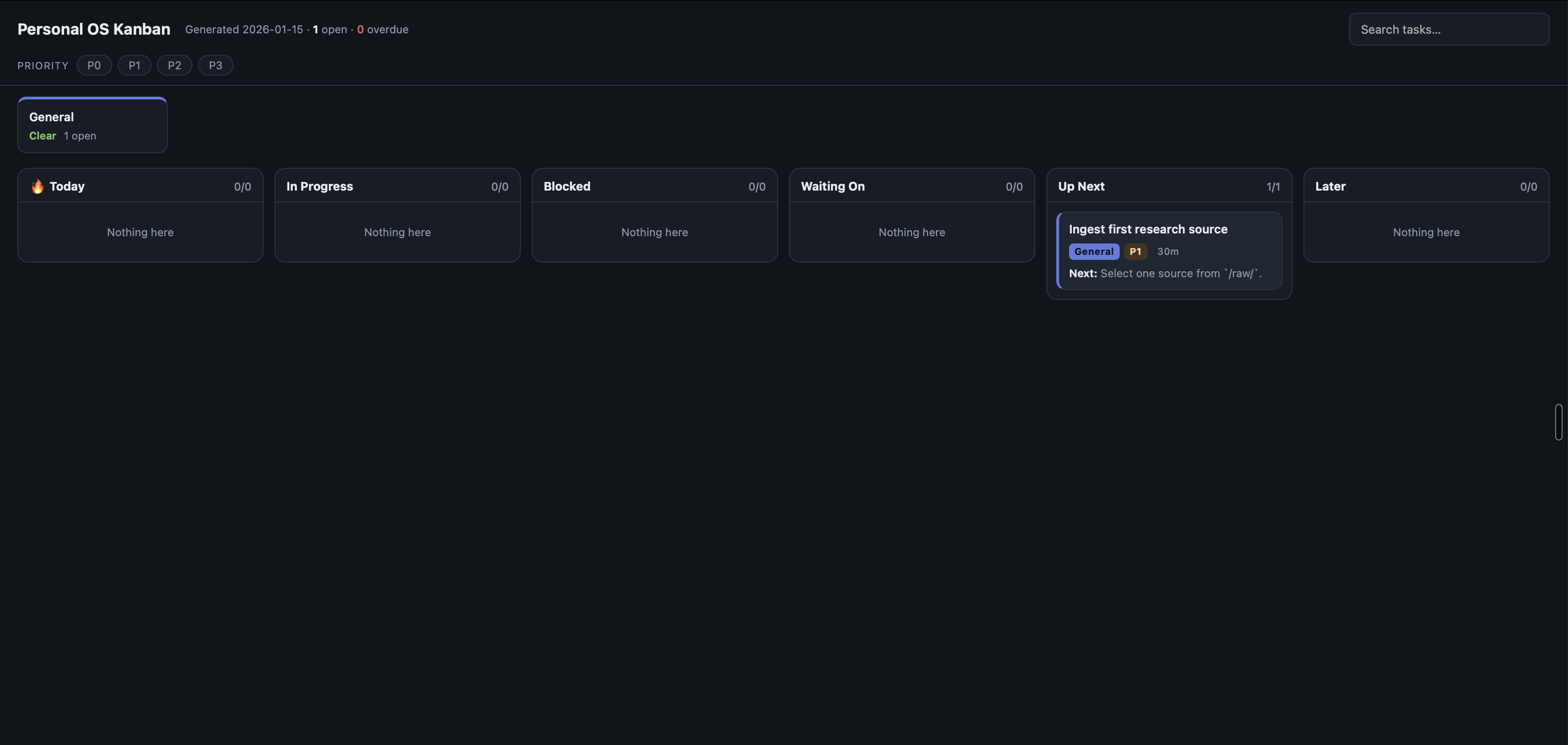 Personal OS Kanban dashboard showing task-status columns, priority filters, and one example task in Up Next